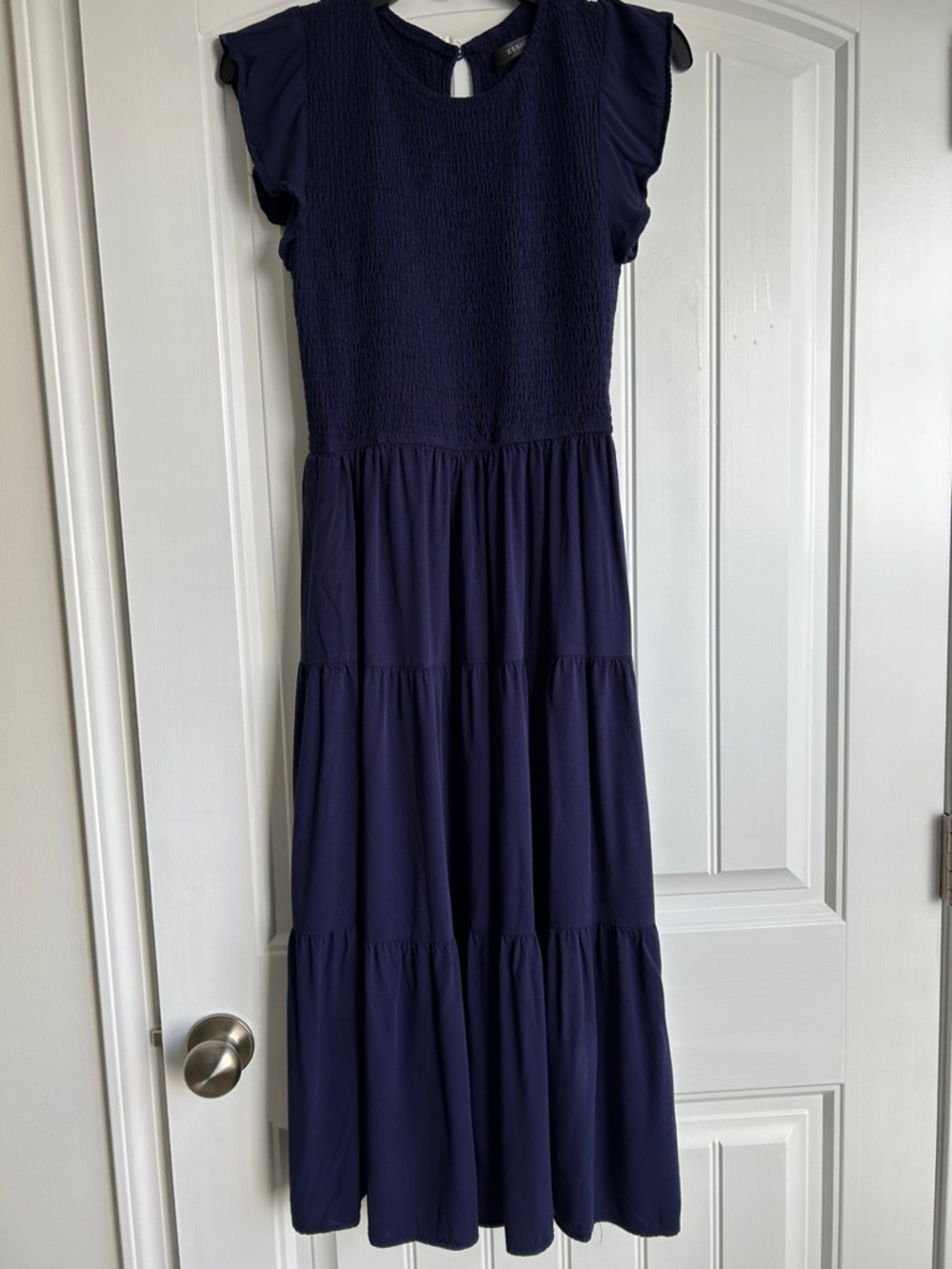 Ladies Navy Tiered Maxi Dress with Flutter Sleeves